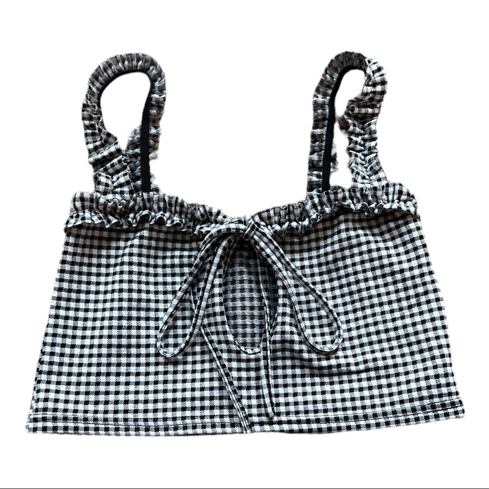 PrettyLittleThing Women's 4 Black White Checked Crop Top Tie Bow French Details